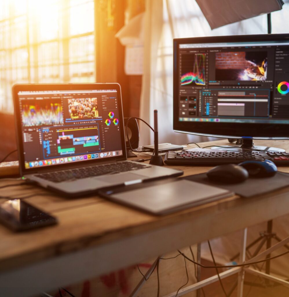 A sunlit workspace featuring a dual-monitor setup with presentation design software on display, showcasing the process of creating multimedia slides.